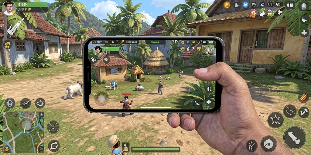 Tangkapan layar gameplay 9N9N menunjukkan karakter dalam lingkungan simulasi kehidupan.