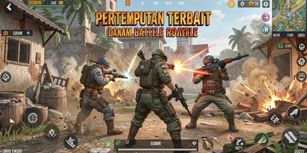 Screenshot GOWIN menunjukkan pertempuran intens di arena Battle Royale.