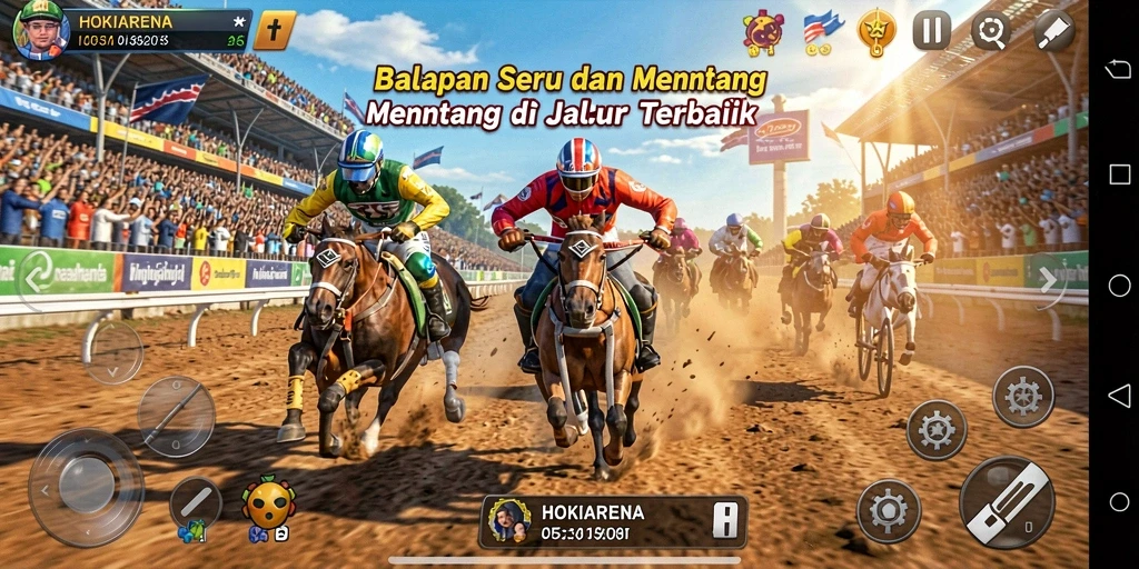 Gameplay HOKIARENA dengan balapan yang seru dan cepat.
