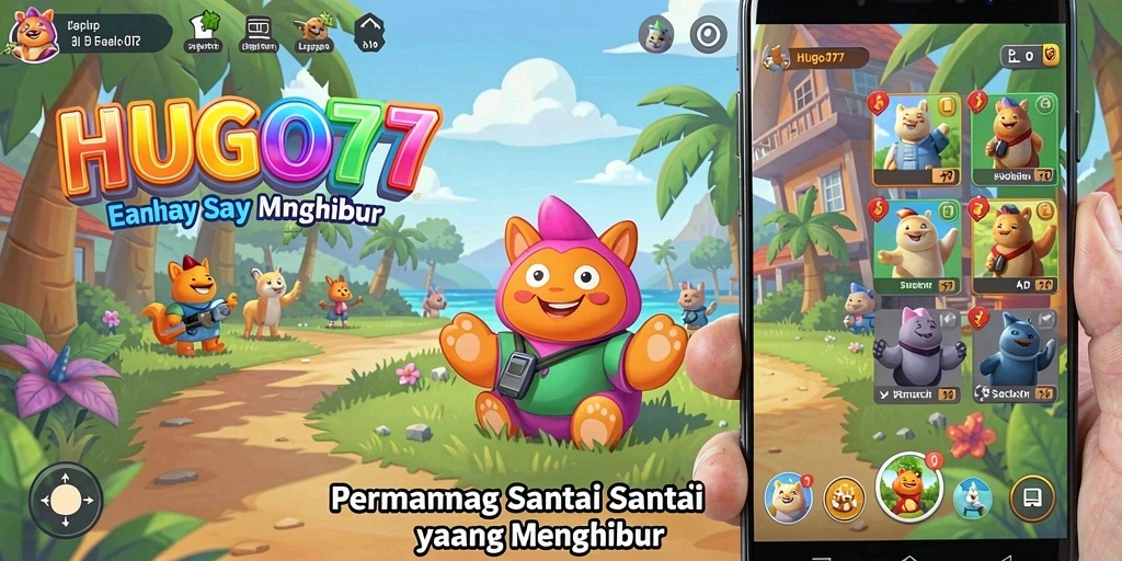 Tampilan gameplay HUGO77 dengan aksi seru dan grafis cerah.