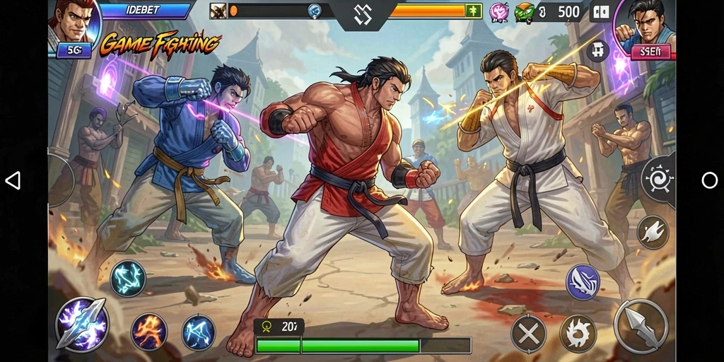 Tangkapan layar gameplay IDEBET menunjukkan pertarungan seru antara karakter yang berbeda.