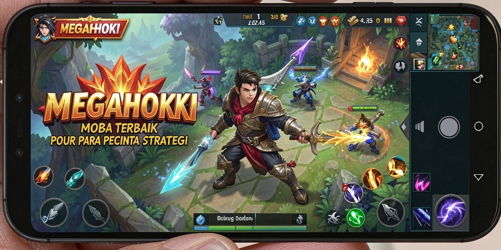 Tampilan screenshot gameplay <strong>MEGAHOKI</strong> menampilkan aksi pertempuran MOBA yang seru.