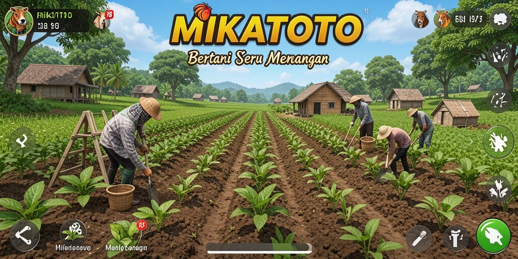 Screenshot gameplay MIKATOTO menampilkan ladang yang subur dengan berbagai tanaman.
