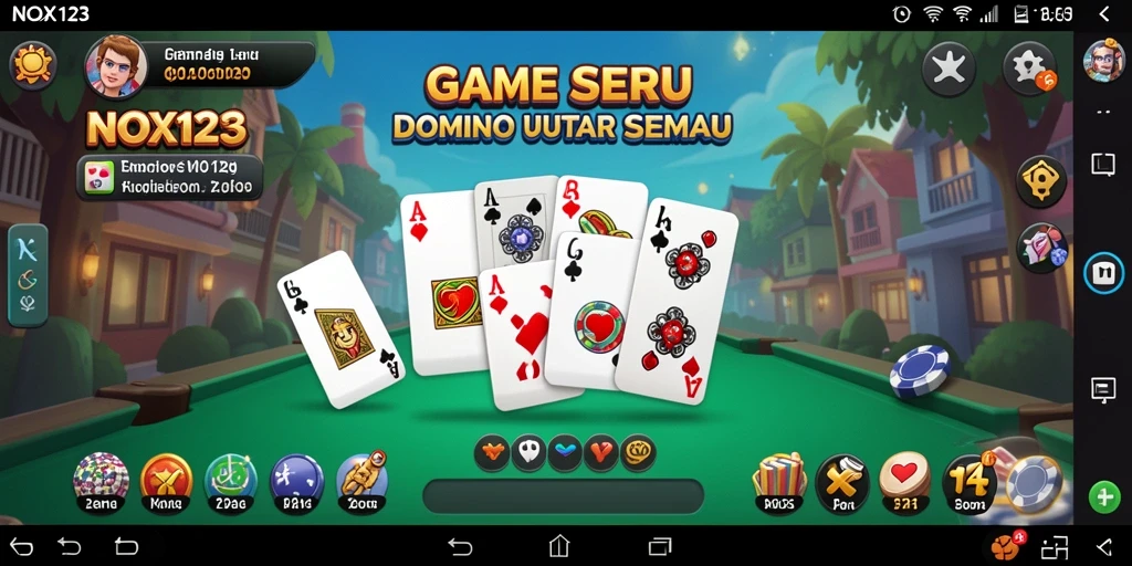 Screenshot utama NOX123 memperlihatkan gameplay domino yang seru dan interaktif.