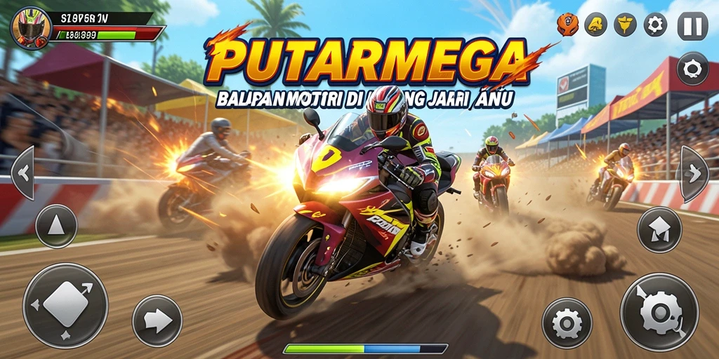 Gameplay seru dari PUTARMEGA yang menampilkan balapan motor yang mendebarkan.