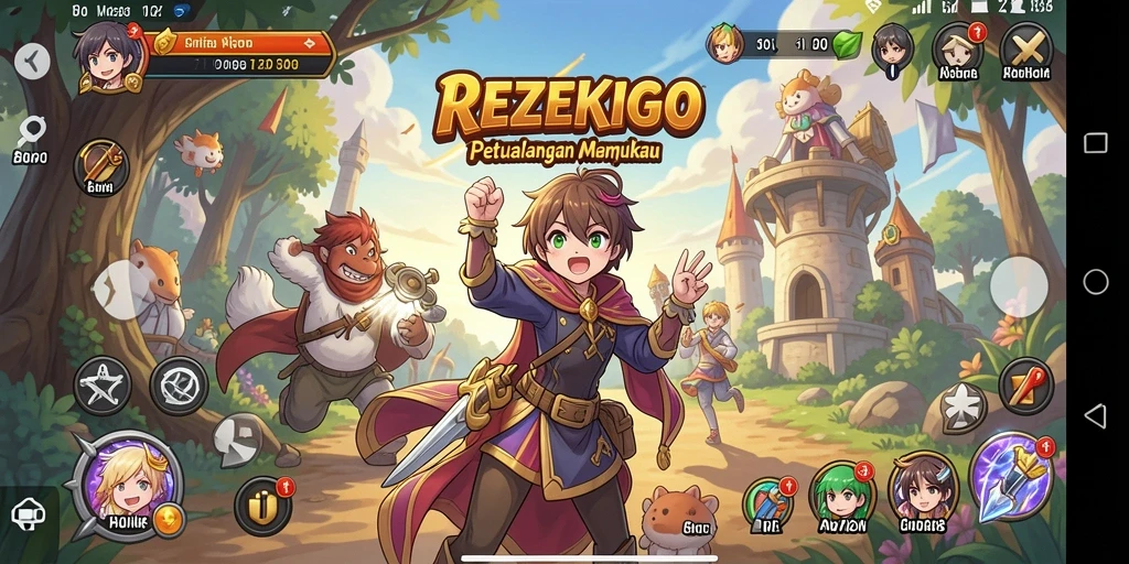 Screenshot gameplay dari REZEKIGO menunjukkan karakter Anime yang beraksi.