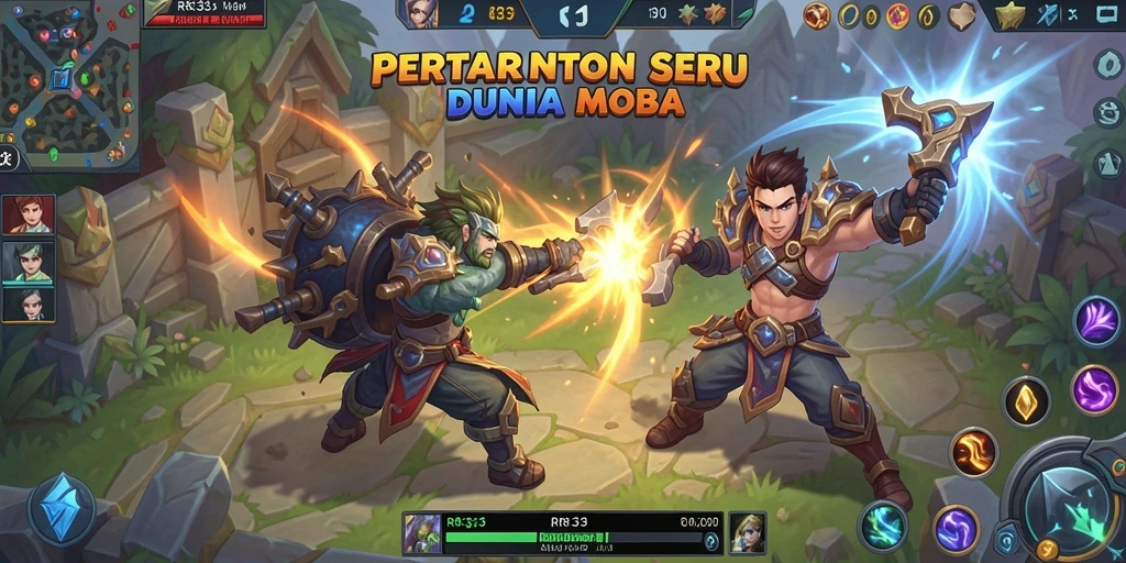 Screenshot utama menunjukkan aksi seru dalam gameplay MOBA.