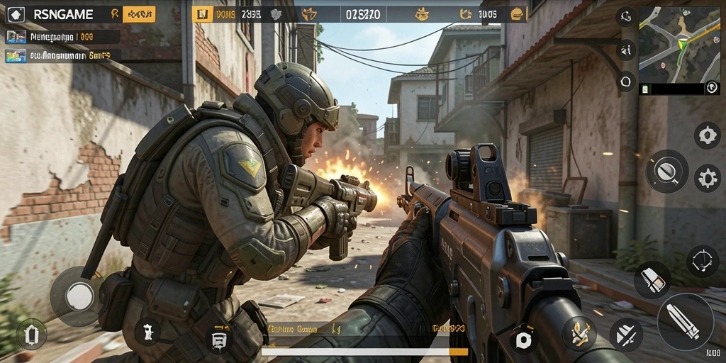 Screenshot gameplay RSNGAME menampilkan aksi tembak-menembak yang intens.