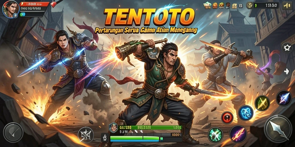 Screenshot utama TENTOTO menampilkan aksi seru dan karakter berani dalam pertempuran.
